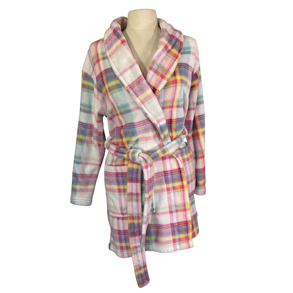 On Stage Women Small Multicolor Plaid Fleece Robe Tie‎ Belt Pockets White Pink